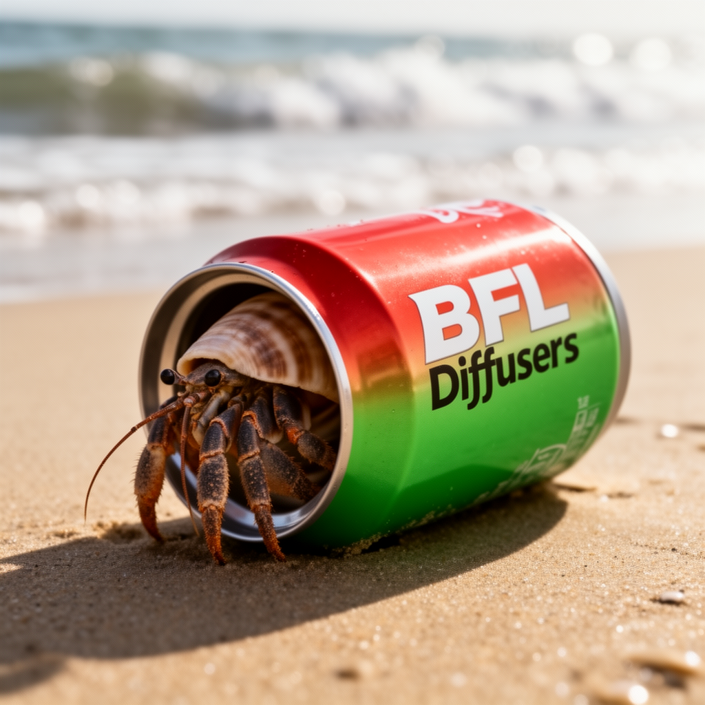 FLUX.2 sample output — hermit crab in a soda can on the beach
